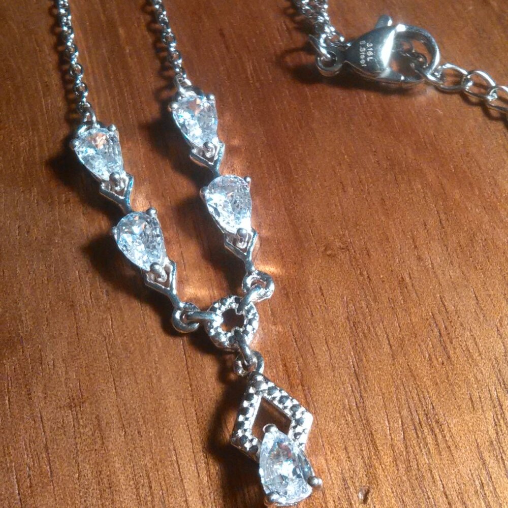 Simulated Diamond Sterling Silver and Stainless Steel Necklace